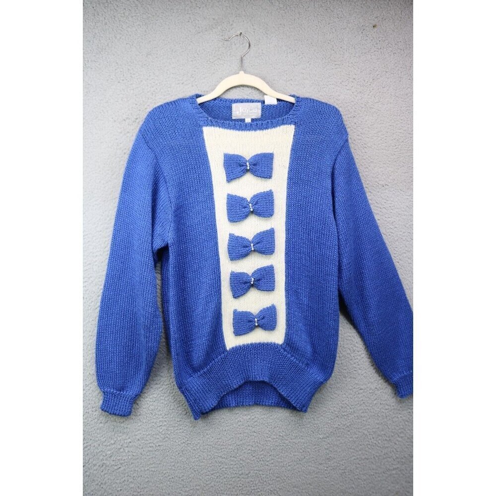 Joyce Vintage 80's Bow Tie Sweater-Wool Angora-Medium-Beaded-Chunky